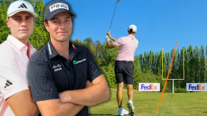 image: Viktor Hovland and Michael Kim take on Ludvig Åberg and Martin Couvra in the FedEx Field Goal Challenge