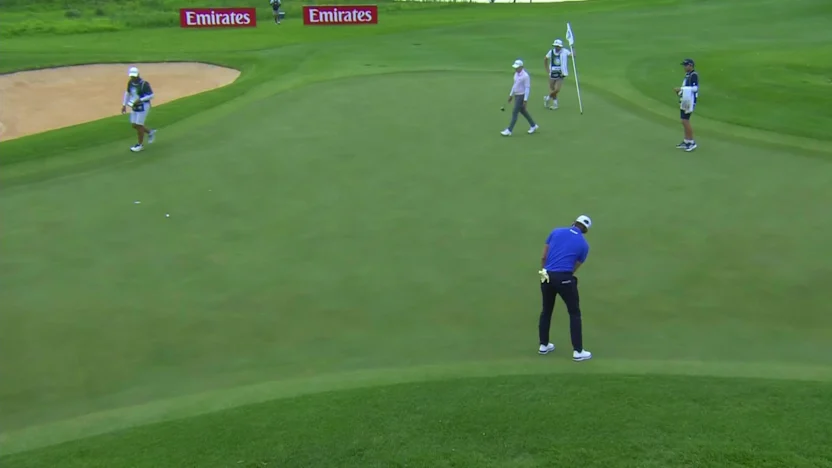 image: Thomas Detry holes lengthy eagle putt at the 2nd Hole